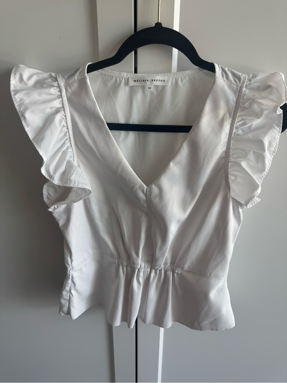 MELISSA NEPTON White V-Neck Ruffle Sleeve Peplum Top with Faux Leather front